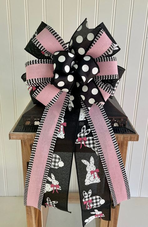 Black and Pink Easter Wreath Bow, Easter Bow for Lantern, Spring Wreath Embellishment, Gingham Check and Polka Dot Bunny Easter Basket Bow by OceanCottageBowCo on Etsy Spring Bows For Wreaths, Cute Adjustable Bow For Spring, Bunny With Pink Bow, Valentine Bows For Wreaths, Pink Ribbon Bow For Spring, Porch Lantern, Bow For Lantern, Bunny Easter Basket, Bow Inspiration