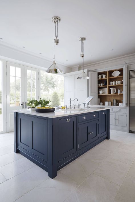 Tom Howley Kitchens, Dark Blue Kitchens, Farrow Bal, Navy Kitchen, Countertops White, Brown Floor, Cottage Coastal, Blue Kitchen Cabinets, Quartzite Countertops