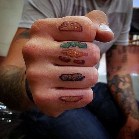 Distinctive Male Cheeseburger Tattoo Designs On Fingers Knuckle Sandwich Tattoo, Tiny Food Tattoos, Grilled Cheese Tattoo, Food Related Tattoos, Funny Food Tattoos, Cooking Tattoo Ideas, Cheeseburger Tattoo, Chefs Tattoo, Sandwich Tattoo