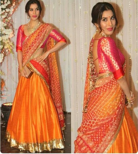 Orange pink half saree, pretty combo Pink Half Sarees, Saree Hairstyles, Half Saree Lehenga, Lehnga Dress, Lehenga Blouse Designs, Half Saree Designs, Bridal Lehenga Choli, Party Wear Indian Dresses, Designer Lehenga Choli