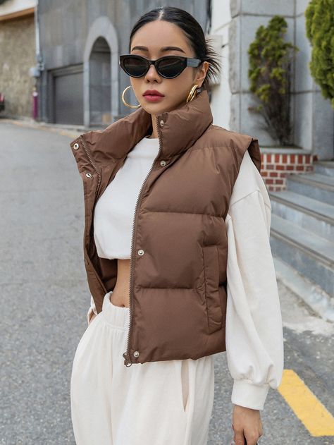 Coffee Brown Casual Collar Sleeveless Polyester Floral Vest Embellished Non-Stretch  Women Outerwear Puffer Vest Outfit, Winter Mode Outfits, Puffer Jacket Outfit, Outerwear Women Winter, Brown Vest, Shein Outfits, Coat Pocket, Jacket Outfit, Vest Coat