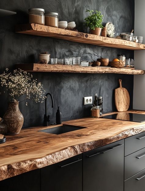 Facebook Black And Pine Kitchen, Wood Slat Kitchen, Kitchen Black And Wood, Wood And Black Kitchen, Black And Wood Kitchen, Airbnb Kitchen, Wooden Countertops Kitchen, Kitchen Natural, Farmhouse Kitchen Inspiration