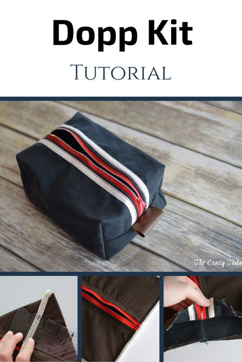 Hi there! Sarah here from The Crazy Tailor with a tutorial to get you ready for Father’s Day! A dopp kit, or dopp bag is a small travel bag for men’s toiletries. The one I’m making today is made with canvas and ripstop to make a sturdy bag that will travel well! Let’s get started!... Men’s Toiletry Bag, Dopp Kit Tutorial, Sewing Gifts For Men, Men Crafts, Toiletry Bag Pattern, Dopp Bag, Leather Dopp Kit, Mens Toiletry Bag, Small Travel Bag