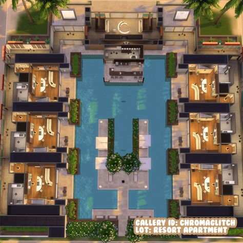 ☀ RESORT APARTMENT ☀ Townhome-style resort apartments. _____ Tags: #sims4builds #ShowUsYourBuilds #ts4 #ts4build #simstagram #modernarchitecture #sims4 #TheSims4 #sims4machinima #sims4rp #simstagrammer #thesims4builds #cozygamingcommunity Sims 4 Hotel Cc, Sims Hotel, Sims 4 Hotel, Apartment Plan, Hotel Floor Plan, Townhouse Exterior, Hotel Floor, Hotel Plan, Apartment Plans