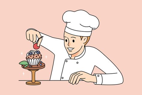 Happy Career, Baking Drawing, Culinary Desserts, Drawing Man, Decorate Cake, Desserts Drawing, Plate Drawing, Cartoon Chef, Person Illustration