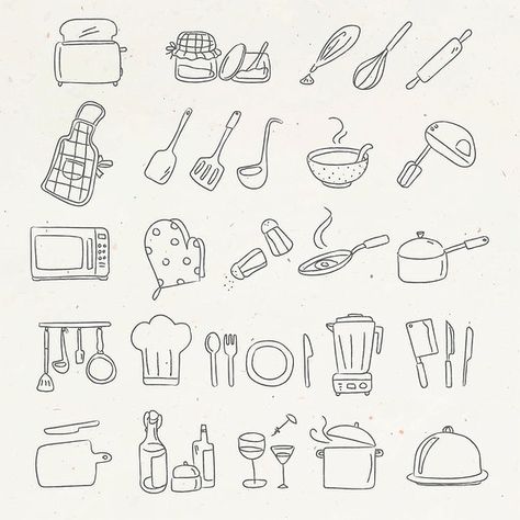 Cute Kitchen Utensils, Cooking Icon, Doodle Sticker, Cookbook Design, Food Doodles, Kitchen Logo, Kitchen Stickers, Vector Food, Floral Border Design