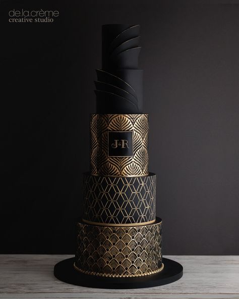 An Art Deco Affair — De la Crème Creative Studio Individual Wedding Cakes, Gatsby Cake, Art Deco Wedding Cake, Black And Gold Cake, Satin Ice Fondant, Art Deco Cake, Masquerade Theme, Black Fondant, Beautiful Cake Designs