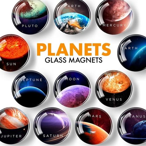 12 pcs Planets Glass refrigerator magnets Cute Fridge Magnets, Pluto Planet, Cute Fridge, Magnets For Fridge, Magnetic Dry Erase Board, Locker Magnets, Glass Refrigerator, Dog Magnets, Venus And Mars