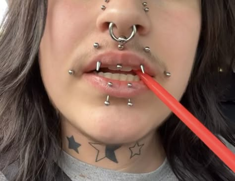 Angel fangs piercing vertical labret jestrum Unique Lip Piercings, Arm Piercing, Piercing Set Up, Vertical Lip Piercing, Angel Fangs, Piercing Setup, Double Conch, Black And Red Aesthetic, Pretty Piercings