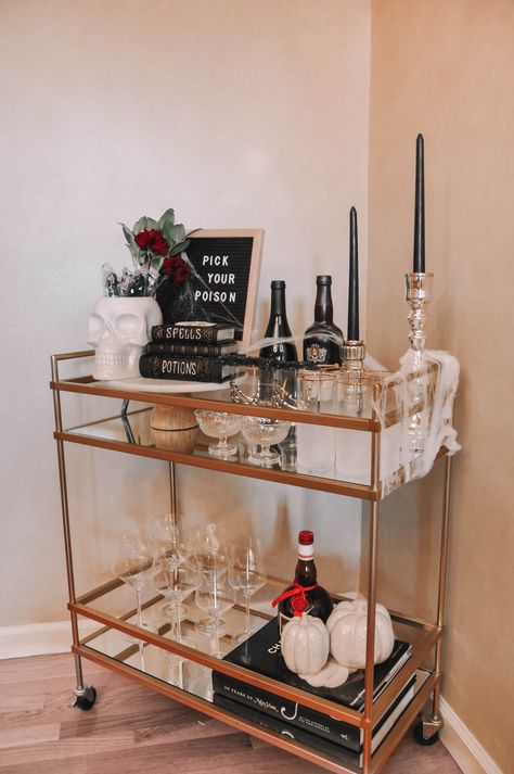 Gothic Drinks, Lash Cart, Potion Recipes, Halloween Engagement, Bar Cart Inspiration, Halloween Bar Cart, Cozy Photos, Every Hour Is Happy Hour, Spider Decor