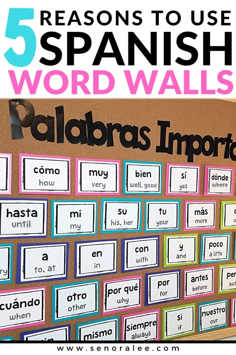 Spanish Word Wall Bulletin Board with High Frequency Words Esl Word Wall, Spanish Word Wall Classroom, Spanish Resources For Teachers, Spanish Sound Wall, Elementary Spanish Classroom Decor, Vocab Wall, Word Wall Ideas, Spanish Sight Words, Middle School Spanish Lessons