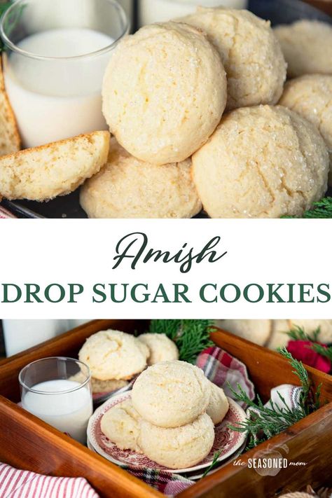 Amish drop sugar cookies are thick, puffy, soft, and coated in sparkling sugar! You can frost them, glaze them, or add sprinkles, too. Perfect for Christmas cookie trays and just about any other holiday celebration! Easy Drop Sugar Cookies, Drop Sugar Cookie Recipe, Drop Cookies Christmas, Amish Cookies, Christmas Cookie Trays, Drop Sugar Cookies, Sour Cream Sugar Cookies, Almond Sugar Cookies, Drop Cookie Recipes