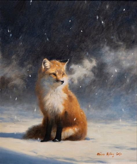 Moonlit snow scene. Christmas Fox Painting, Winter Fox Painting, Fox In Snow, Winter Paintings, Composition Ideas, Fox Images, Fox Painting, Winter Cat, Fox Decor