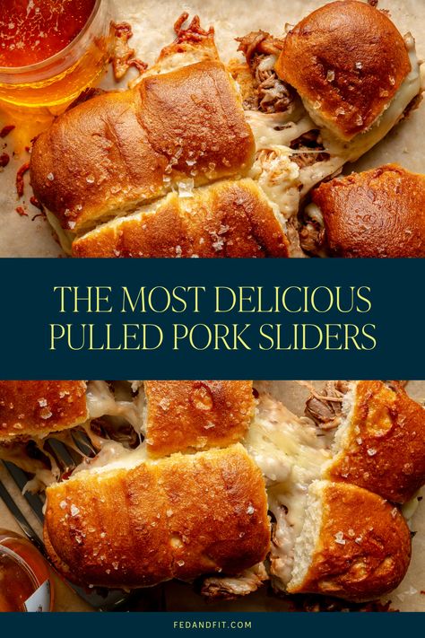 Pulled pork sliders sit on a parchment lined baking sheet. Shredded Pork Dinner Ideas, Pull Pork Sliders Recipes Hawaiian Rolls, Pork Bbq Sliders, Sliders Appetizers For Party, Bbq Pulled Pork Sliders Hawaiian Rolls, Bbq Pork Sliders Hawaiian Rolls, Sliders And Soup, Stuffed Hawaiian Rolls, Pulled Pork Hawaiian Rolls Sliders