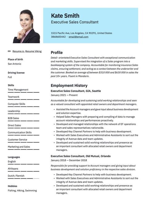 Professional Executive Sales Consultant Resume Blue Template Sales Executive Resume, Consultant Resume, Sales Resume Examples, Professional Resume Examples, Resume Pdf, Sales Executive, Sales Consultant, Sales Resume, Insurance Sales