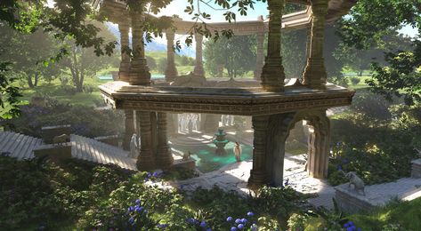 ArtStation - Ancient Oasis Greek Buildings, Desert Temple, Ancient Egyptian Architecture, Ancient Greek City, Ancient Tomb, Location Inspiration, Temple Art, Fantasy Setting, Fantasy Places