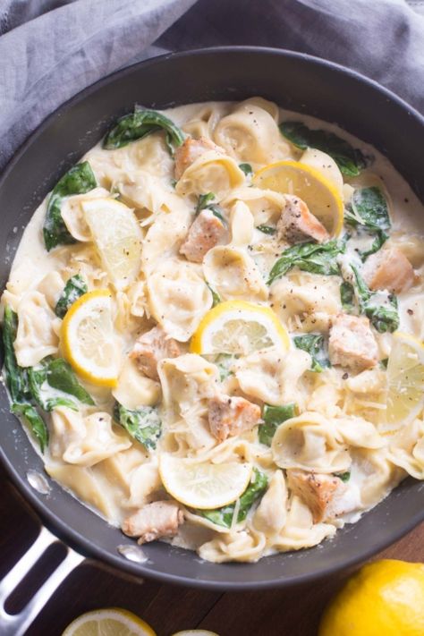 One Pan Creamy Lemon Chicken Tortellini - an easy one pan pasta dish that the entire family will love. Tortellini pasta with grilled chicken and fresh spinach in a warm, cheesy lemon garlic sauce. | Tastes Better From Scratch Grilled Chicken Pasta, Pan Pasta, One Pan Pasta, Creamy Lemon Chicken, Tastes Better From Scratch, Chicken Tortellini, Tortellini Recipes, Tortellini Pasta, Fresh Spinach