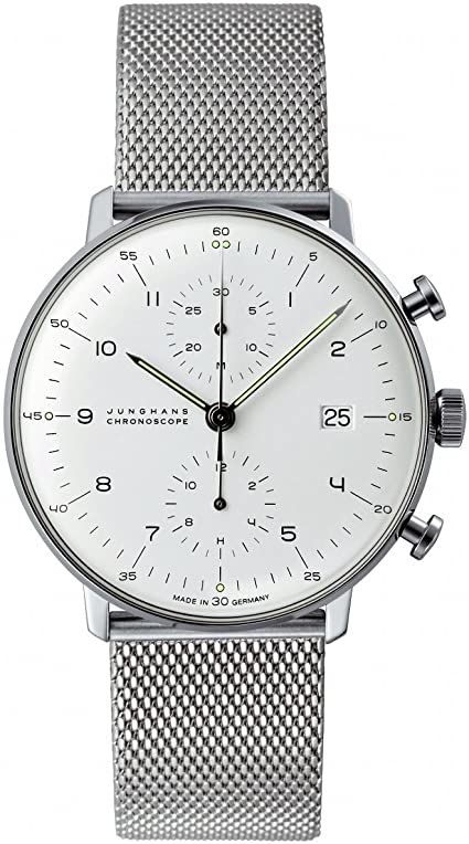 Junghans Max Bill Chronoscope Mens Automatic Chronograph Watch - 40mm Analog Silver Face with Luminous Hands and Date - Stainless Steel Mesh Band Luxury Watch Made in Germany 027/4003.44: Junghans: Watches Max Bill Chronoscope, Junghans Max Bill, Junghans Watch, Max Bill, Gents Watches, Watch Collection, Wrist Watches, Luxury Watch, Chronograph Watch