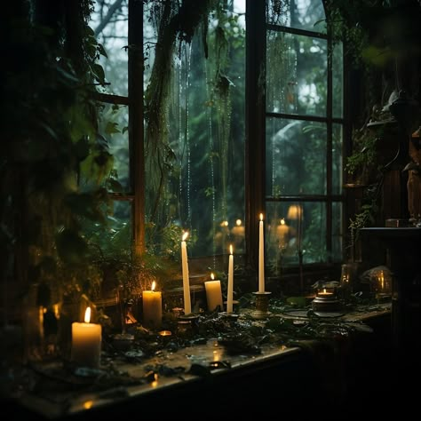 Green Witch Aesthetic Wallpaper Desktop, Dark Herbalist Aesthetic, Witchy Cabin Aesthetic, Green Witch Living Room, Dark Apothecary Aesthetic, Moody Green Aesthetic, Witchcore Home, Fantasyland Aesthetic, Green Witch Aesthetic Home