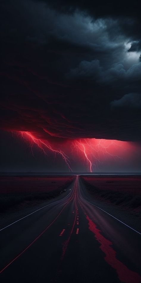 Red Thunder, Dark Sky, Lightning Strikes, Technology, Road, Iphone, Red