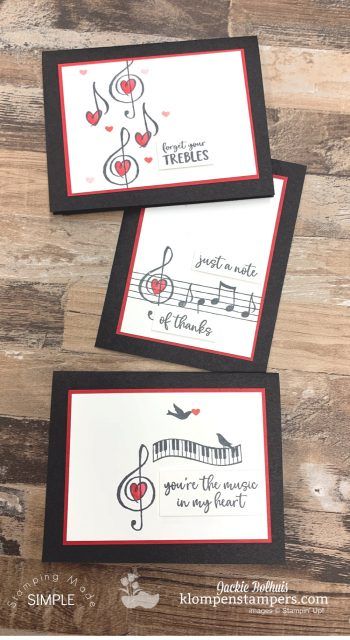 Forget about your Trebles greeting card. Super cute & quick to make! Watch the video at www.klompenstampers.com #greetingcards #handmadecards #cardmaking #diycards #cardswithmusic #musicthemecards #klompenstampers #jackiebolhuis #stampinup #cardmakingtutorials #musicfromtheheart Stampin Up Music Cards, Red Whisper, Musical Greeting Cards, Music Cards, Card Making Ideas Easy, Musical Cards, Stampin Blends, Black Video, Simplify Life