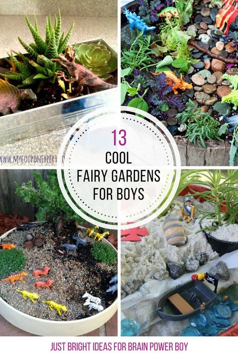 Fairy gardens for boys? YES! We found boy-friendly choices including dinosaur gardens, Star Wars, pirates, trains, zoo animals and more. Boys Garden, Kids Fairy Garden, Dinosaur Garden, Fairy Furniture, Faeries Gardens, Fairy Garden Diy, Reggio Emilia, Backyard Fun, Gnome Garden