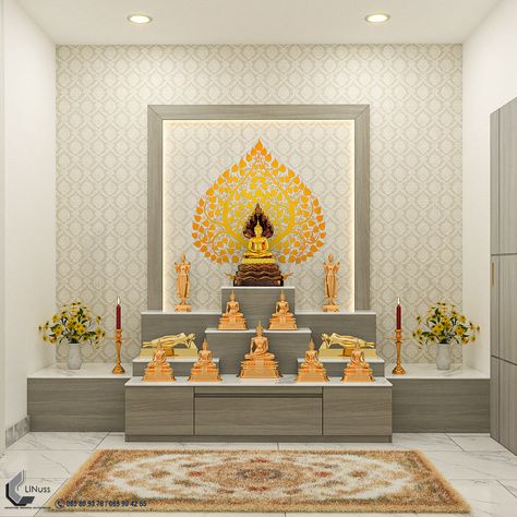 Buhdda Prayer room Design Prayer Room Design, Buddha Room Design, Puja Room Design Indian, Pooja Units, Temple At Home, Buddha Room, Meditation Alter, Buddha Altar, Temple Ideas