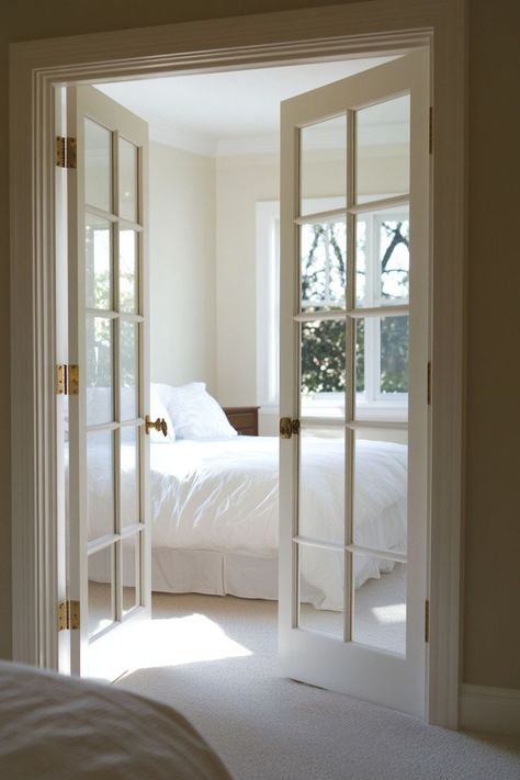 Add a touch of elegance to your bedroom with classic French doors for your closet. These beautiful doors enhance the room’s sophistication while providing easy access. 🚪🌿✨ #FrenchDoors #ElegantLiving #BedroomDesign #ElevatedCloset French Doors In Bedroom To Outside, Types Of French Doors, French Sliding Door Interior, French Doors For Bedroom, Double Doors To Bedroom, Bathroom With French Doors, Inside French Doors, Double Bedroom Doors, French Doors Bedroom Master Suite