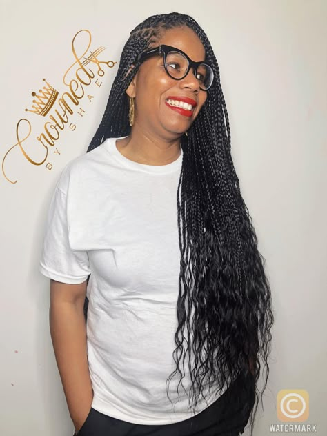 #knotlessbraids #braids #feedinbraids #bohobraids #bohoknotlessbraids #hair #boxbraids Small Box Braids Wavy Ends, Tiny Box Braids Long, Knotless Braids Loose Ends, Knotless Wavy Ends, Box Braids With Human Hair Ends, Knotless Braids With Straight Ends, Knotless Braids Human Hair Ends, Knotless Braids With Human Hair Ends, Knotless Braids Straight Ends