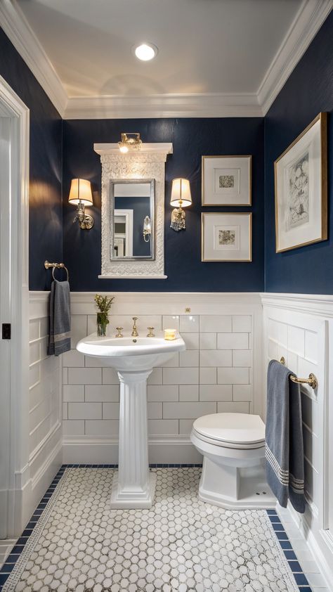 Blue Bathroom Decor White And Navy Bathroom, Blue Bathroom Decor, White Bathroom Decor, Navy Walls, Functional Bathroom, Blue Bathroom, White Bathroom, Navy And White, Classic Design