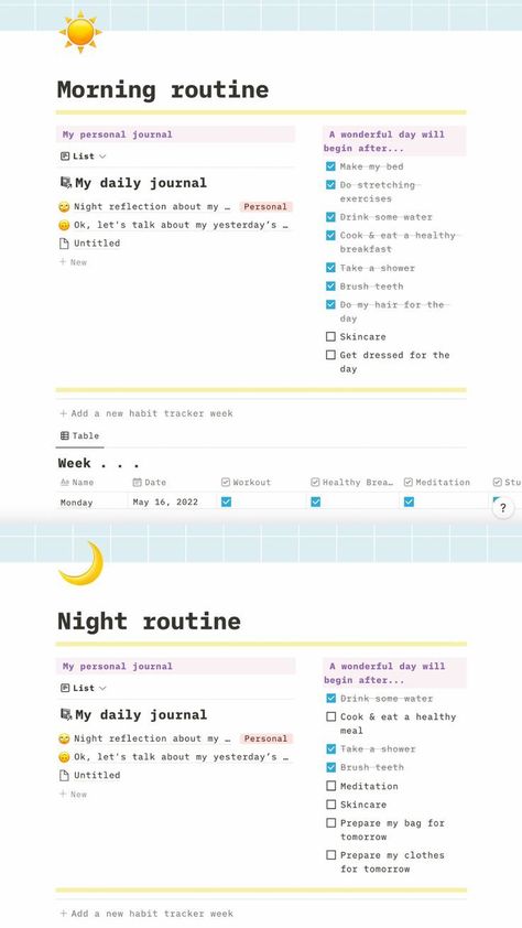 Morning routine + night routine allinonenotio College Night Routine, Morning And Night Routine, Study Planner Free, Night Reflection, Content Calendar Template, Daily Planner Printables Free, College Student Hacks, Student Hacks, Small Business Planner