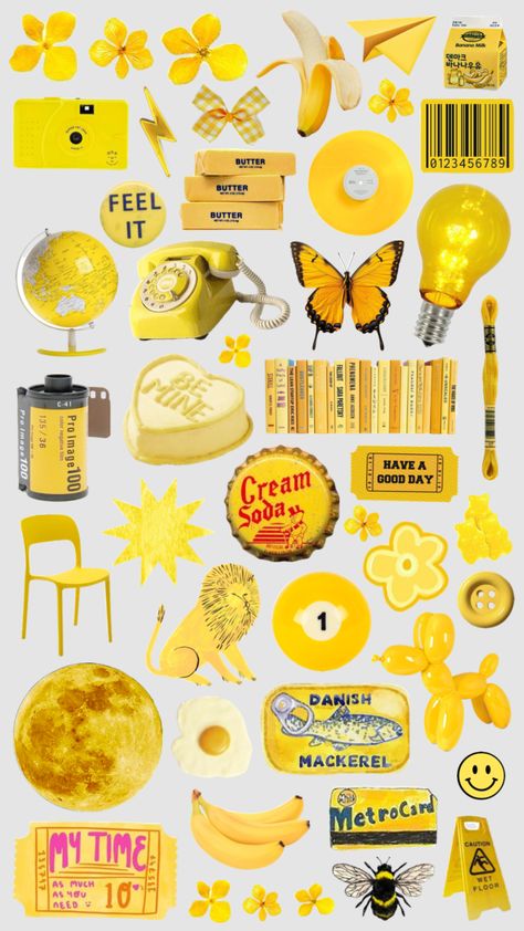 #yellow #yellowaesthetic #yellowcollage #collage #shuffles Yellow Things Aesthetic, Yellow Aesthetic Stickers, Yellow Collage Wallpaper, Yellow Scrapbook, Random Template, Yellow Collage, Kindle Insert, Yellow Stickers, Yellow Things