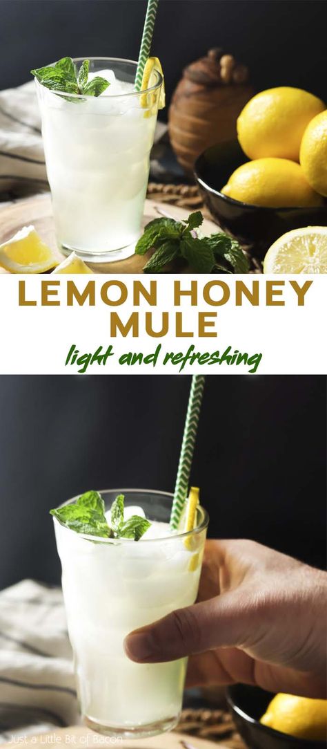 For a light and refreshing summer cocktail add lemon and honey to the traditional ginger and vodka mule. You'll love this simple and easy recipe! | justalittlebitofbacon.com Lemon Vodka Drinks, Lemon Cocktail Recipes, Alcoholic Drinks Vodka, Ginger Cocktail Recipes, Vodka Mule, Honey And Lemon Drink, Honey Cocktail, Ginger Beer Cocktail, Vodka Recipes Drinks