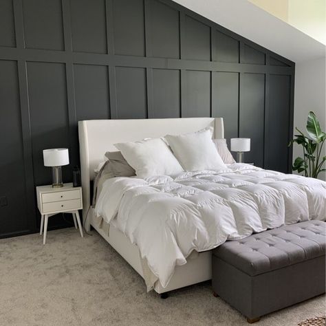 Panel Wall Decor Ideas, Tilly Upholstered Bed, Wood Panel Wall Decor, Wood Panel Wall, Panel Wall Decor, Feature Wall Bedroom, Bedroom Updates, White Bed, Accent Wall Bedroom