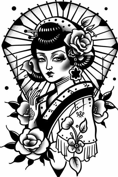 Tattoo idea: tattoo sketch symbolic A geisha with a kimono that dep 1 Japanese Tattoo Art Geisha, Deco Tattoo, Art Geisha, Japanese Art Deco, Art Deco Tattoo, Idea Tattoo, Geisha Tattoo, New Tattoo Designs, Simple Line Drawings