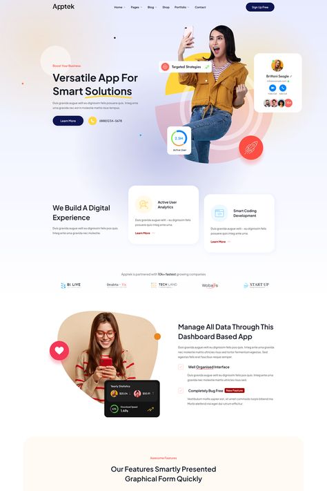 The "Apptek - App & SaaS Theme" is a WordPress theme designed for showcasing and promoting mobile apps, software-as-a-service (SaaS) products, and technology-related offerings. Saas Website Design Landing Pages, Software Website Design, Minimalist Banner Design, Website Design Banner, Saas Website Design, Banner Website Design, Digital Marketing Websites, Saas Website, Mobile Landing Page