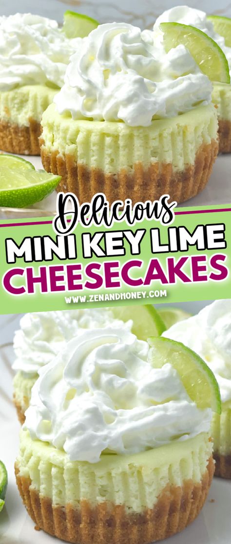 If you love a combination of sweet, tart and creamy, these mini key lime cheesecakes are ideal for you. With a buttery, homemade graham cracker crust and luscious, creamy key lime cheesecake filling, these mini cheesecakes are the ultimate dessert for any time of the year. Mini Keylime Pie Recipe, Lime Cheesecake Recipes, Key Lime Cheesecake Recipe, Lime Dessert, Key Lime Pies, Mini Key Lime Pies, Key Lime Tarts, Key Lime Desserts, Dessert Bakery