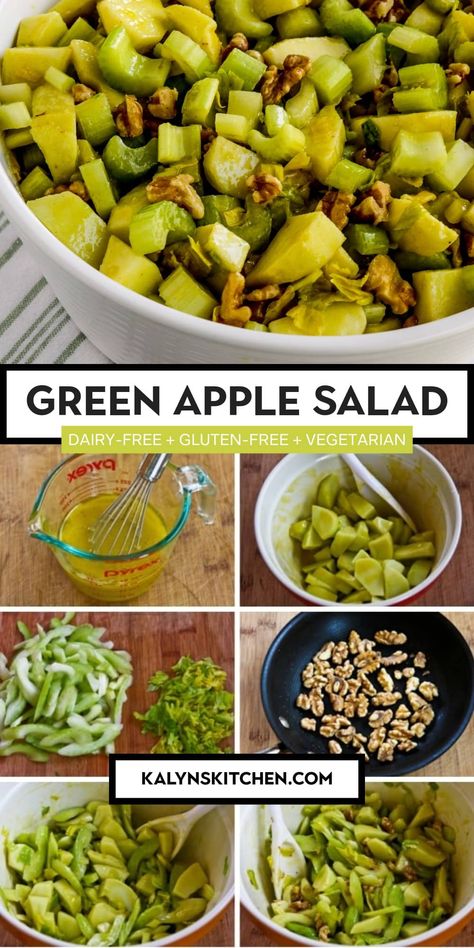 Pinterest image for Green Apple Salad in a serving bowl on a green and white striped napkin and procedure photos for making this recipe. Apple Salad Dressing, Lemony Dressing, Green Apple Salad, Apple Salad Recipe, Celery Salad, Apple Salad Recipes, Gf Food, Nutritional Information, Walnut Salad