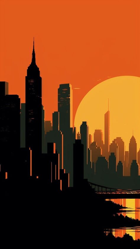 City Background Digital Art, Vibrant Orange Aesthetic, City Silhouette Illustration, Orange Aesthetic Painting, City Silhouette Art, Orange Background Aesthetic, Orange Wallpaper Iphone, New York Silhouette, New York City Wallpaper