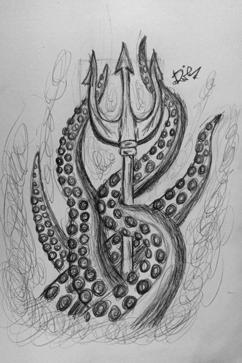 Greek Mythology Art Sketch, Easy Greek Mythology Drawings, Greek Sea Monsters, Twisted Drawing Ideas, Greek Mythology Art Drawing Easy, Posiden Drawings, Posiden Drawing, Greek Gods Drawings Pencil, Trisula Art