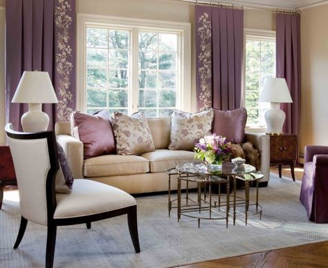 *LIVING ROOM (Purple & Gold): royalty and spirituality; precious; wealth and prosperity. -love the decorative pillows; the beige walls and sofa Purple Living Room Ideas, Purple Interior Design, Purple Living Room, Furnitur Ruang Keluarga, Purple Curtains, Beige Living Rooms, Purple Rooms, Beautiful Houses Interior, Vintage Living Room