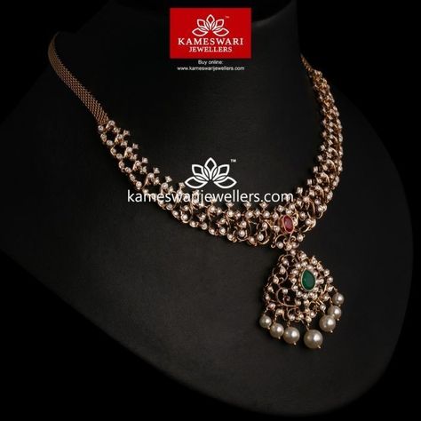 Indian Jewelry Simple, Diamond Necklace Indian, Kameswari Jewellers, Gold Necklace Indian, Gold Jewelry Simple Necklace, Diamond Necklace Designs, Gold Necklace Indian Bridal Jewelry, Necklace Indian, Gold Pendant Jewelry