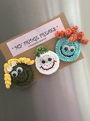 Refrigerator Magnets/Handcrafted/“My Fridge Freaks”/Set Of 3/Crocheted/Unique ￼  | eBay Crochet Fridge Magnets, Crochet Refrigerator Magnets Patterns, Frigerator Magnet, Crochet Fridge And Food, Crochet Flower Magnets, Fridge Magnets Words, Refrigerator Magnets, Kitchen Tools And Gadgets, Fridge Magnets