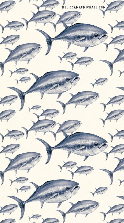 Hand painted Bluefin Tuna in watercolor has been vectorized and created into a seamles surface pattern in a vintage, nautical, blue on a clean white background. Gift, him, fish, fishing, chef, seafood, package, illustration, tuna, sushi, sportfish, coastal, nautical, martitime Atlantic Bluefin Tuna, Package Illustration, Ocean Habitat, Tuna Sushi, Bluefin Tuna, Nautical Pattern, Fish Illustration, Vintage Nautical, Scientific Illustration