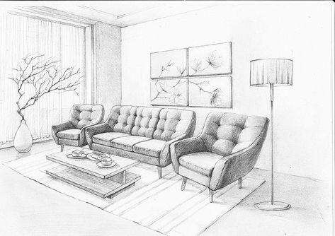 Interior Pencil Sketch, Room Perspective Drawing, Interior Design Portfolio Layout, Interior Design Sketchbook, Drawing Furniture, Furniture Design Sketches, Drawing Interior, Interior Design Renderings, Interior Architecture Drawing