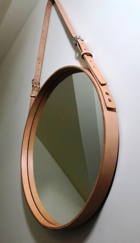 Round Mirror Frame Diy, Mirrors With Leather Straps, Leather Panelling, Round Hanging Mirror, Round Mirror Frame, Wood Mirrors, Modern Farmhouse Living Room Decor, Bookcase Lighting, Best Home Interior Design