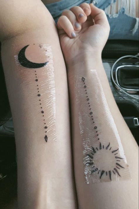 50 Unique Couple Tattoo Ideas For Expression of Love His And Her Sun And Moon Tattoo, Sister Matching Tattoos Creative, Matching Star Tattoos Best Friends, Sun And Moon Lovers Tattoo, Sun And Moon Best Friend Tattoo, Sun And Moon Tattoos Matching, Best Friend Tattoos Sun And Moon, Sun And Moon Tattoo Matching Sisters, Matching Anime Tattoos Best Friends