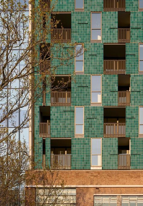 Tan Tat’s Brick Inlay facade delivers a stunning visual dynamic of concertinaed Jade brick tiles Brick And Concrete Facade, Concrete Facade Architecture, Mosaic Architecture, Precast Concrete Panels, Recycled Brick, Green Facade, Glazed Brick, Concrete Facade, Stone Facade