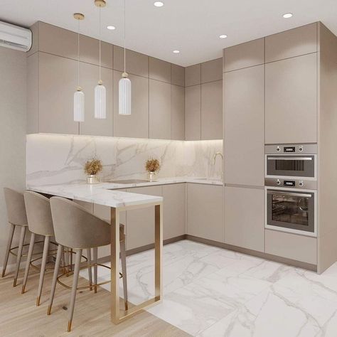 Isle Kitchen Ideas, Modern Neo Classic Kitchen Design, Small Kitchen Neutral Colors, Small Kitchen Beige Cabinets, Beige Kitchens Modern, Light Brown Kitchen Cabinets Modern, Beige Minimalist Kitchen, Kitchen Interior Beige Colour, Kitchen Creme Color