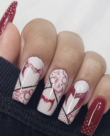 Marvel Avengers Nails, Scarlet Witch Inspired Nails, Wanda Vision Nails, Scarlett Witch Nails, Wanda Maximoff Nails Designs, Marvel Nails Designs The Avengers, Scarlet Witch Nails Designs, Scarlet Witch Nail Art, Wanda Nails Marvel